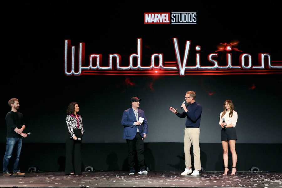 ANAHEIM, CALIFORNIA - AUGUST 23: (L-R) Director Matt Shakman and Head writer Jac Schaeffer of WandaVision, President of Marvel Studios Kevin Feige, and Paul Bettany and Elizabeth Olsen of WandaVision took part today in the Disney+ Showcase at Disney’s D23 EXPO 2019 in Anaheim, Calif.  WandaVision will stream exclusively on Disney+, which launches November 12. (Photo by Jesse Grant/Getty Images for Disney)
