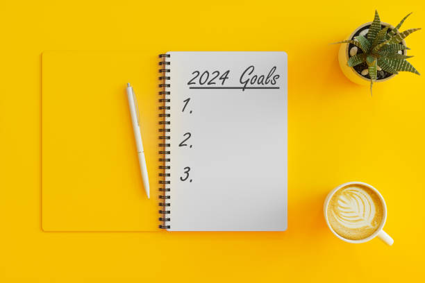 2024 New Year Goals Concept. High Angle View Of 2024 Goals List With Notebook, Coffee Cup And Succulent Plant On Yellow Background
